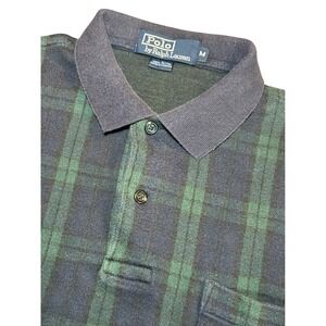 VTG Polo Ralph Lauren Mens M Green Navy Plaid Polo Shirt Black Watch Pocket S/S